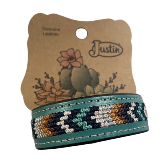 NEW Justin Leather Turquoise Western Embroidered Adjustable Cuff Bracelet - Picture 1 of 2